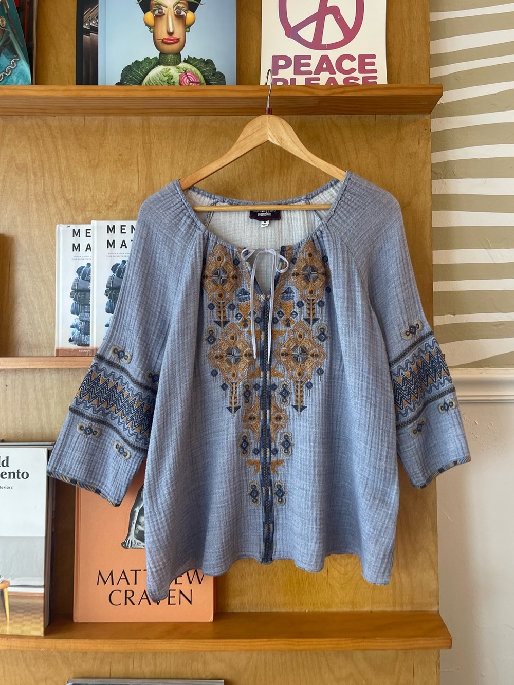 Johnny Was Embroidered Peasant Blouse - Blue with Mustard Embroidery size M